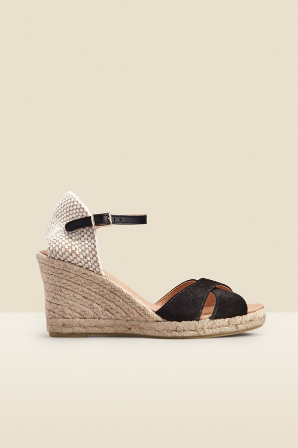 Piper Black Suede Ankle Strap Mid Wedge Espadrille