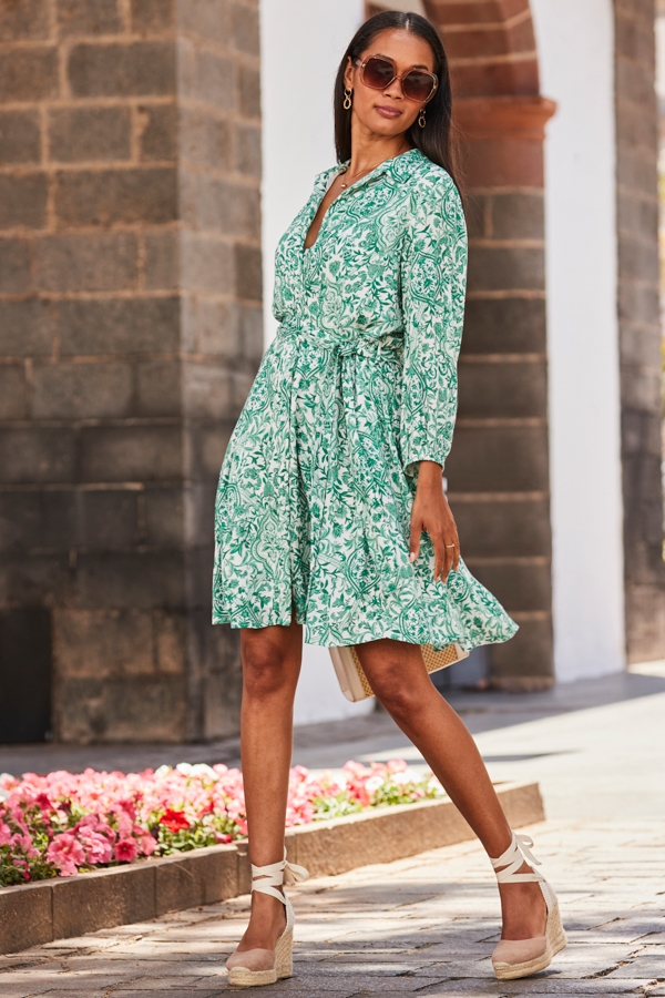 White & Green Baroque Print Crinkle Shirt Dress