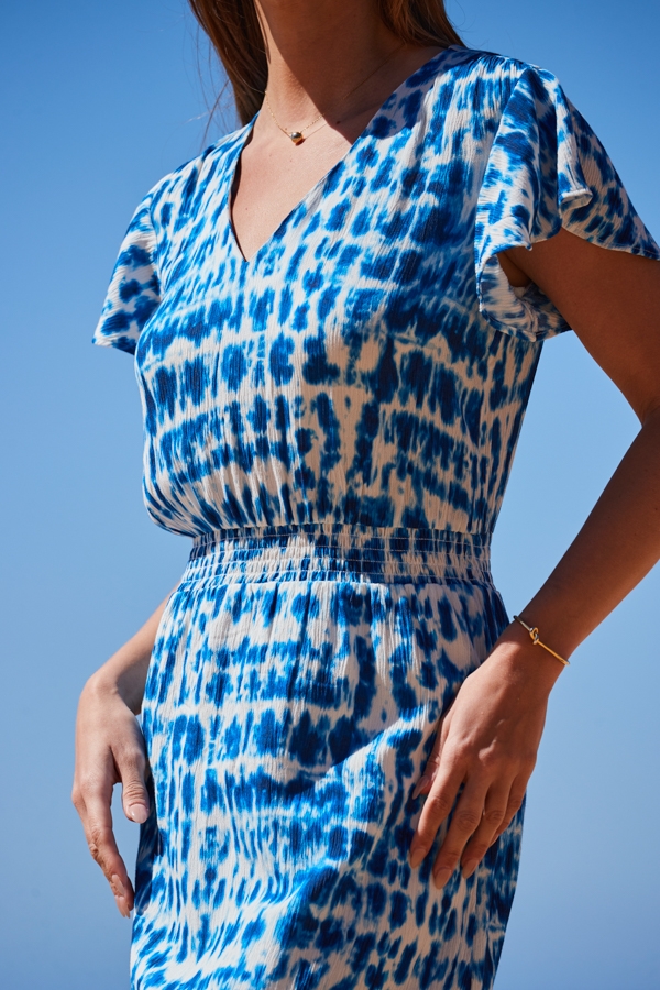 Blue Tie Dye Print Stretch Waist Crinkle Dress