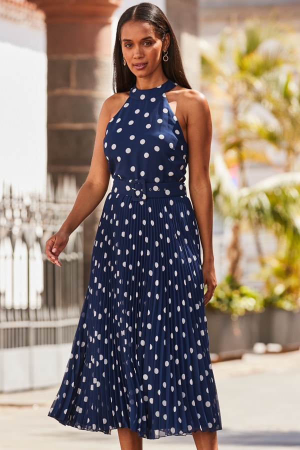 Navy Blue & White Spot Print Pleated Halter Neck Dress