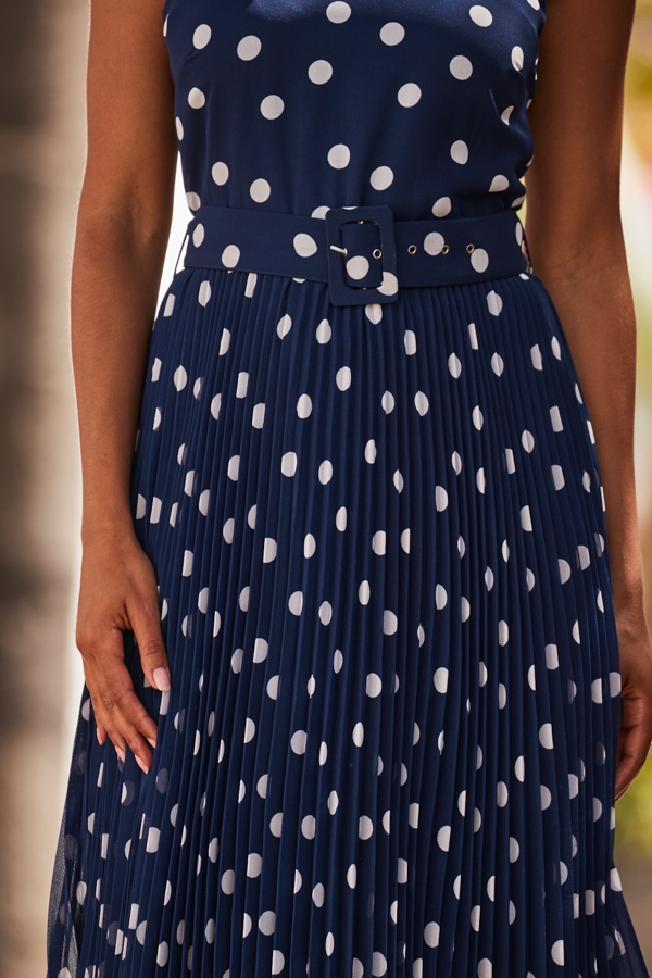 Navy Blue & White Spot Print Pleated Halter Neck Dress