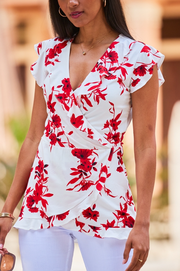 Ivory & Red Floral Print Ruffle Faux Wrap Jersey Top
