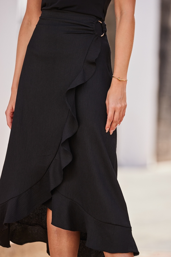 Black Crinkle Hoop Detail Wrap Midi Skirt