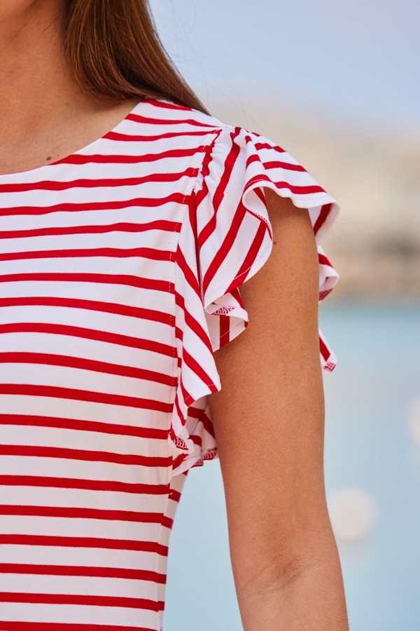 Red & Ivory Stripe Print Flutter Sleeve Shift Jersey Dress