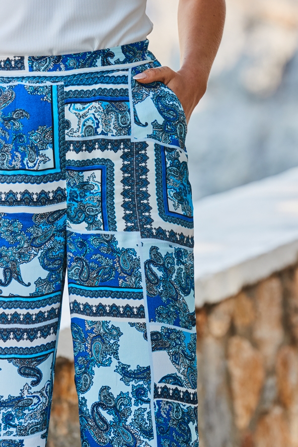 Blue Scarf Print Wide Leg Palazzo Trousers