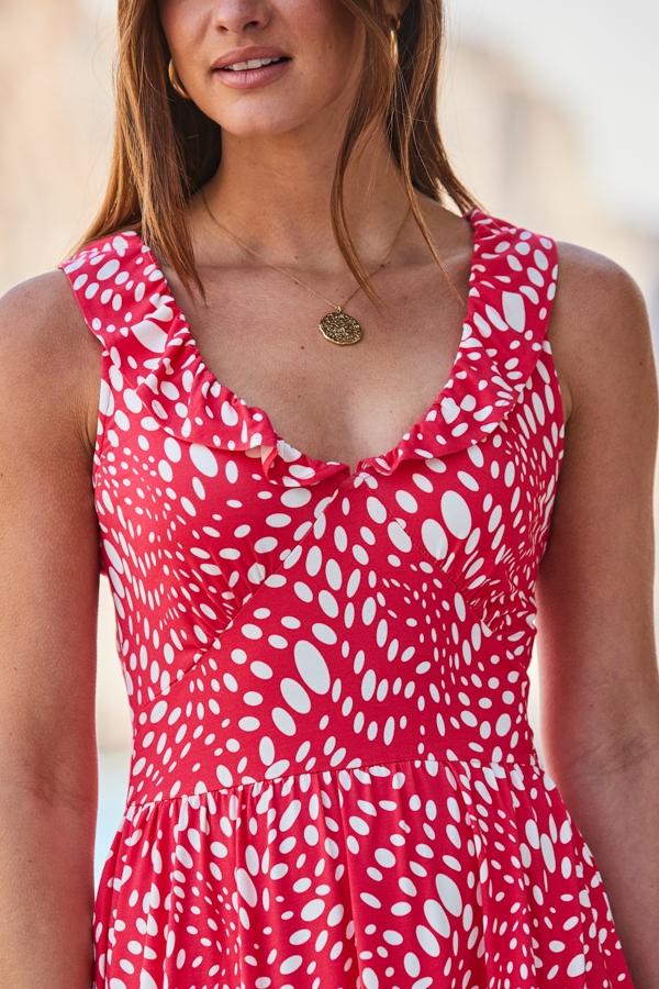 Red & White Spot Print Ruffle Detail Fit & Flare Dress
