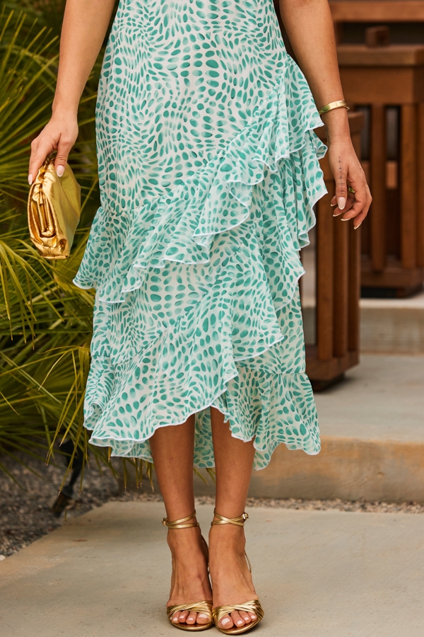 Petite Green Abstract Print Layered Hem Angel Sleeve Maxi Dress