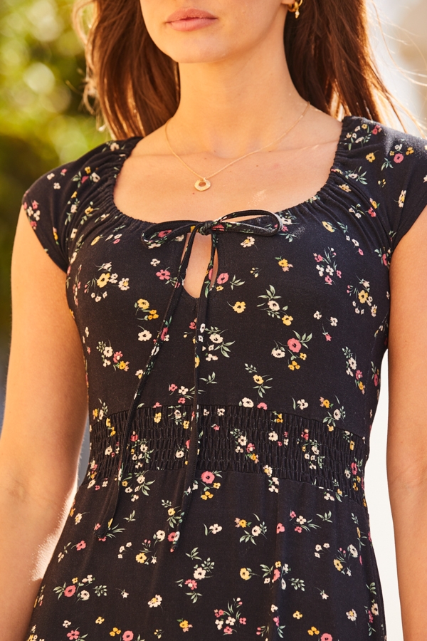 Black Floral Print Shirred Waist Midi Jersey Dress