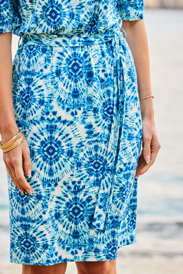 Blue Tie Dye Print Tie Waist Bardot Jersey Dress