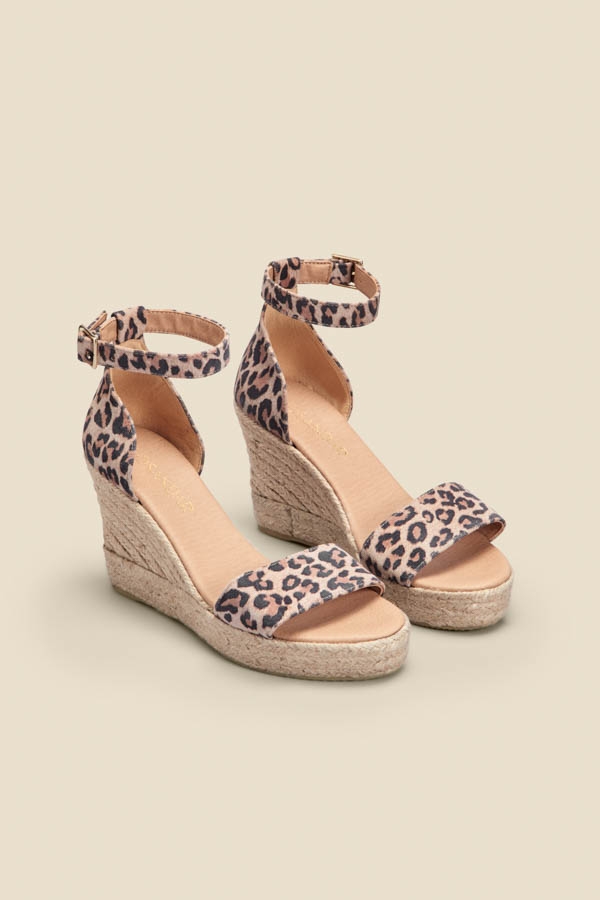 Mila Leopard Print Suede Ankle Strap High Wedge Espadrille