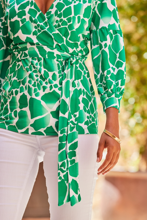 Green & White Morocco Print Wrap Jersey Top