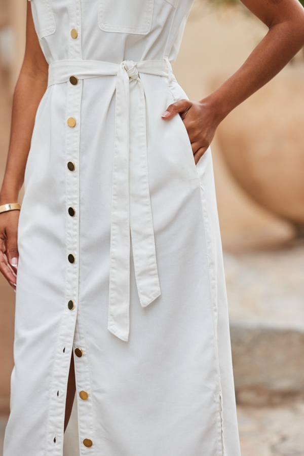 Ivory Belted Denim Midi Dress