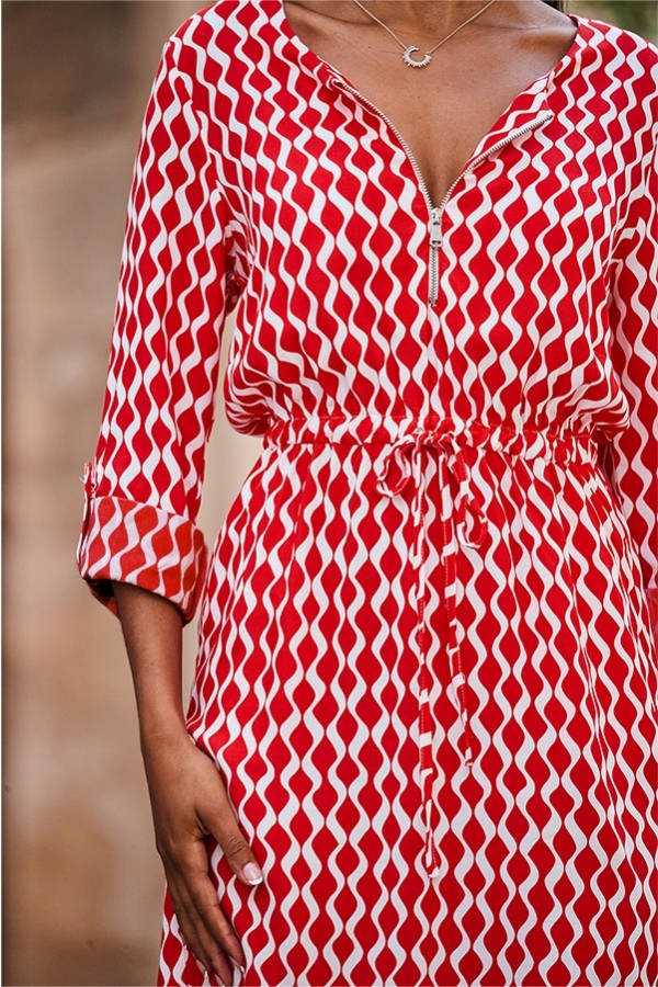 Red Geometric Print Tie Waist Dress