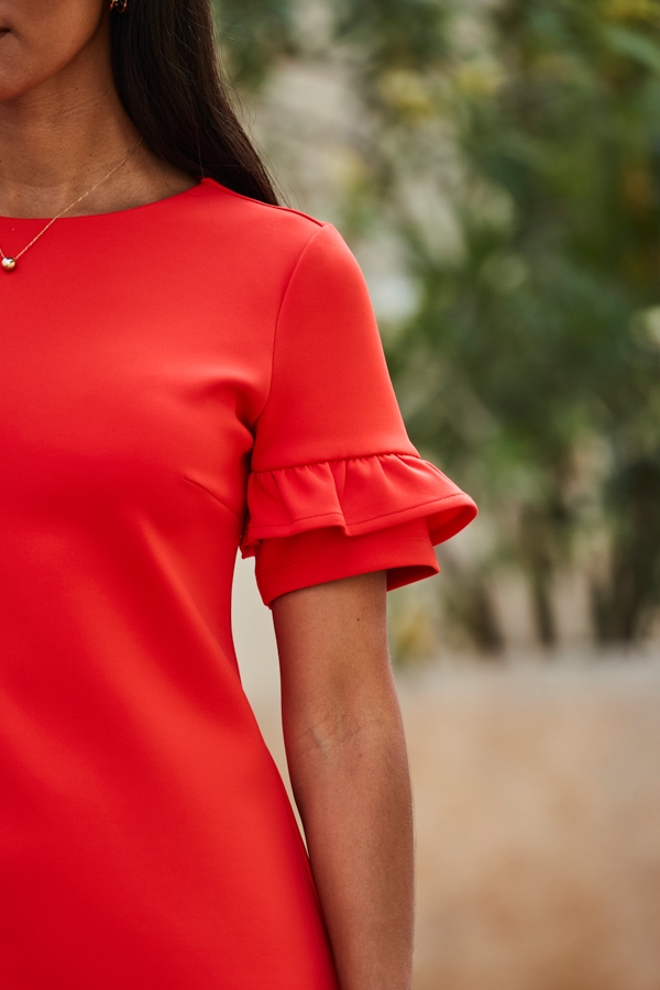 Red Ponte Ruffle Sleeve Shift Jersey Dress