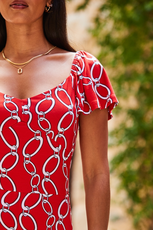 Red Chain Print Angel Sleeve Fit & Flare Midi Jersey Dress