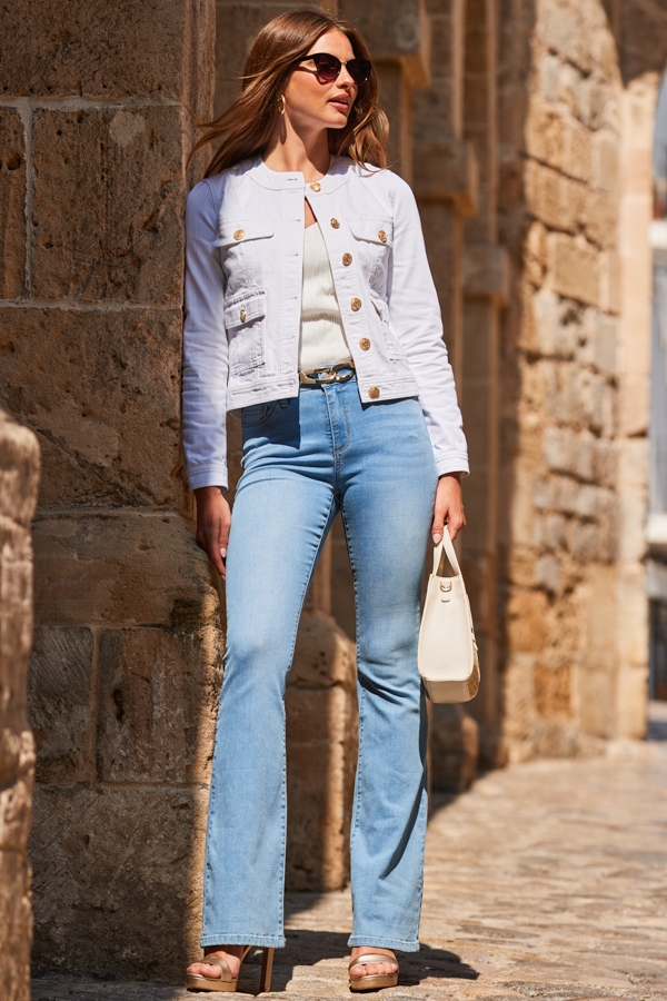 White Round Neck Pocket Front Denim Jacket