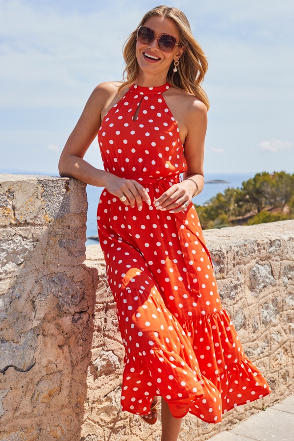 Orange Spot Print Keyhole Detail Midi Dress