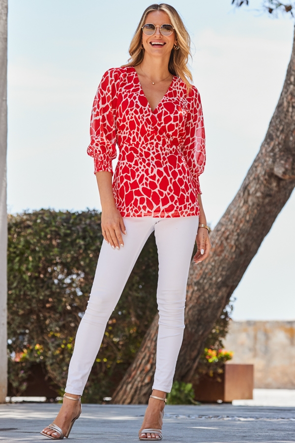 Red Morocco Print Faux Wrap Tunic Top