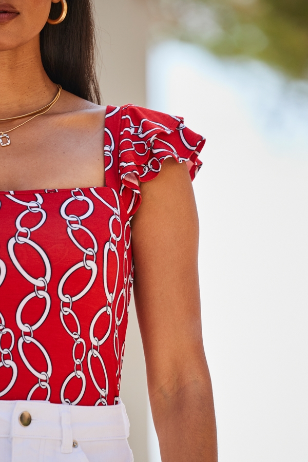 Red Chain Print Square Neck Ruffle Sleeve Jersey Top