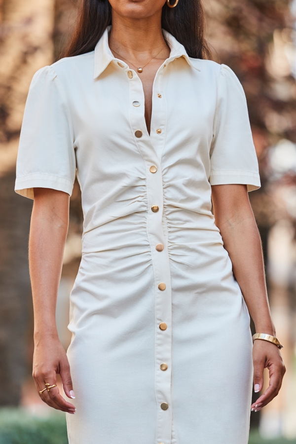 Ivory Ruched Waist Popper Front Denim Dress