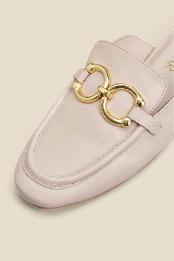 Pale Pink Leather Gold Trim Detail Mule Loafers