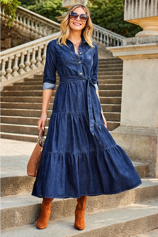 Dark Indigo Tiered Hem Denim Midi Dress