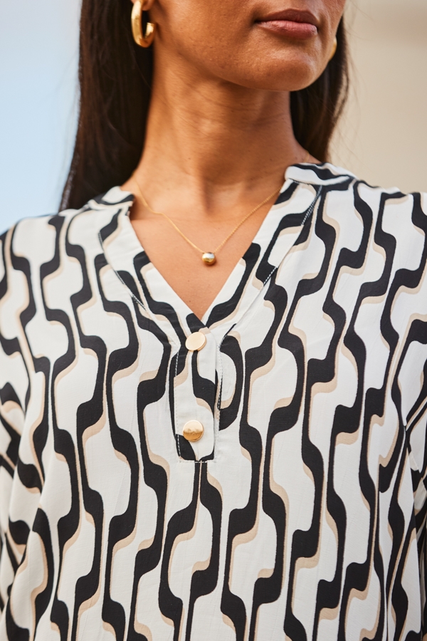 White & Black Geometric Print Button Detail Tunic Top