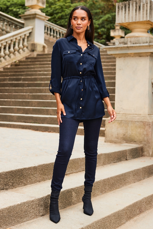 Navy Blue Satin Utility Tie Waist Shirt