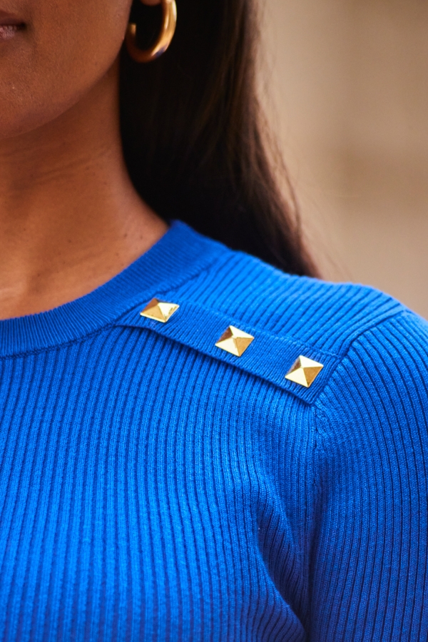 Cobalt Blue Rib Knit Gold Stud Detail Jumper