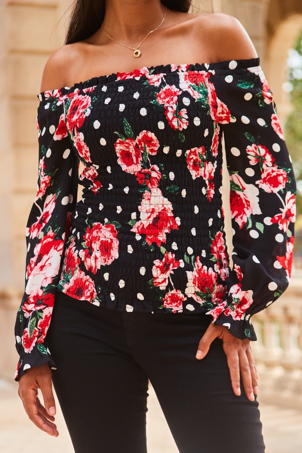 Black & Pink Floral Print Shirred Body Bardot Top