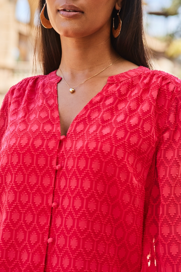 Coral Button Front Longline Textured Blouse