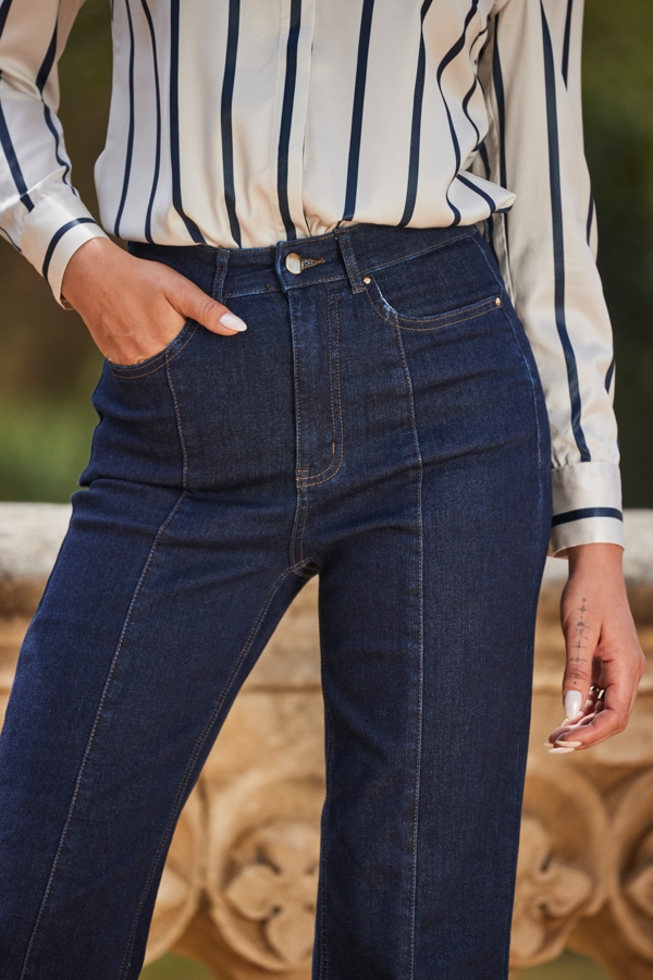 Dark Indigo Wide Leg Pintuck Jeans