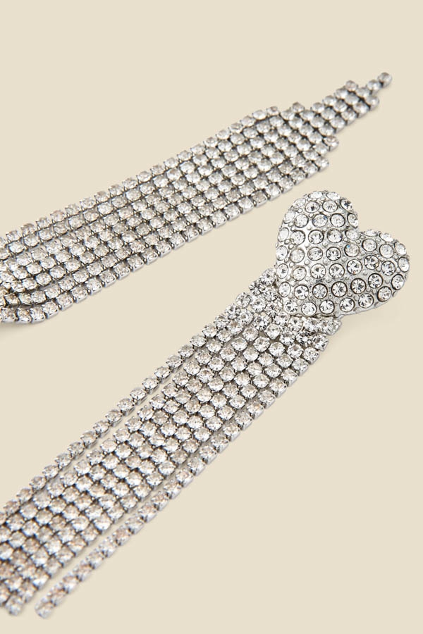 Silver Rhineshtone Heart Detail Tassel Earrings