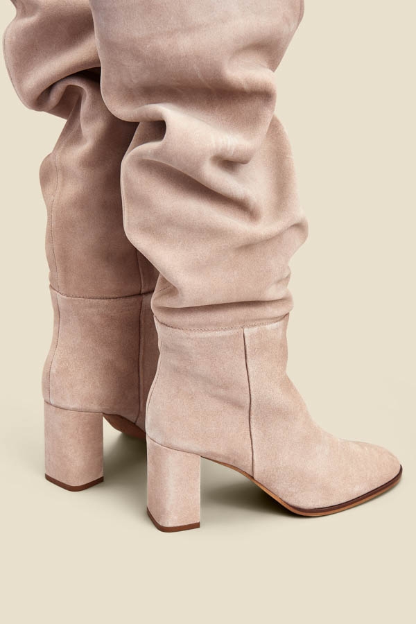 Taupe Suede Block Heel Slouch High Leg Boots