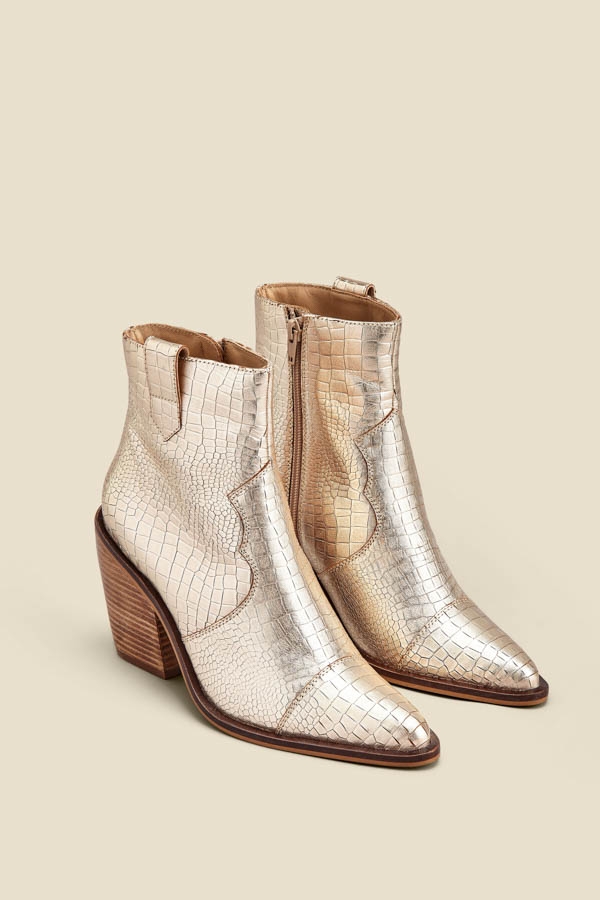 Champagne Gold Croc Leather Tab Detail Western Ankle Boots