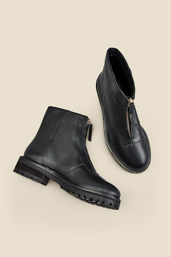 Black Leather Zip Front Ankle Boots
