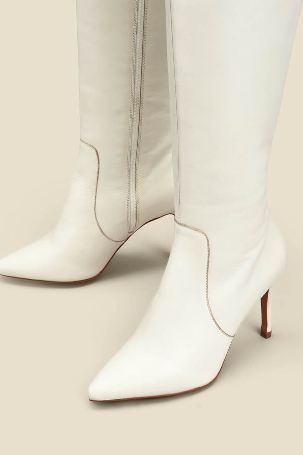 Ecru Leather Stiletto Heel Knee High Boots