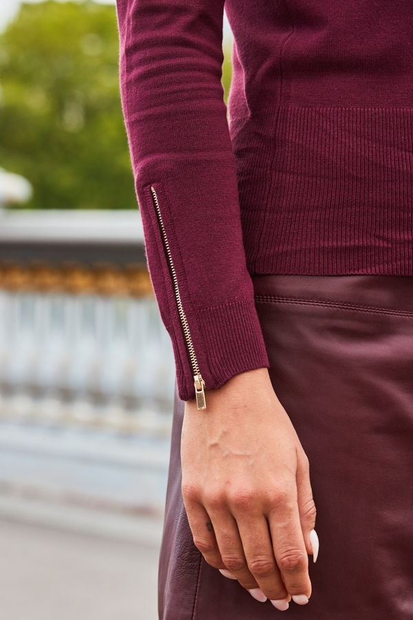 Wine Roll Neck Gold Zip Detail Jumper