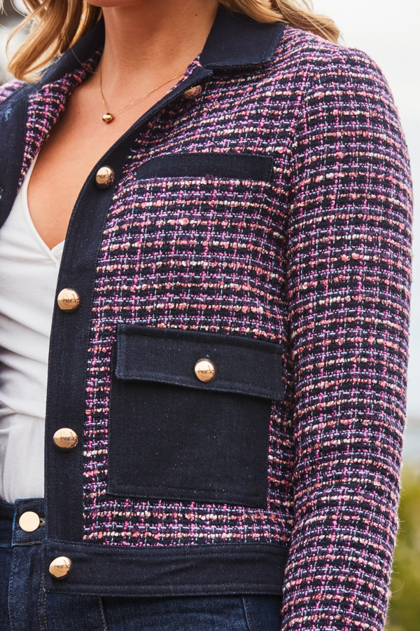 Indigo Boucle & Denim Jacket With Gold Button Detail