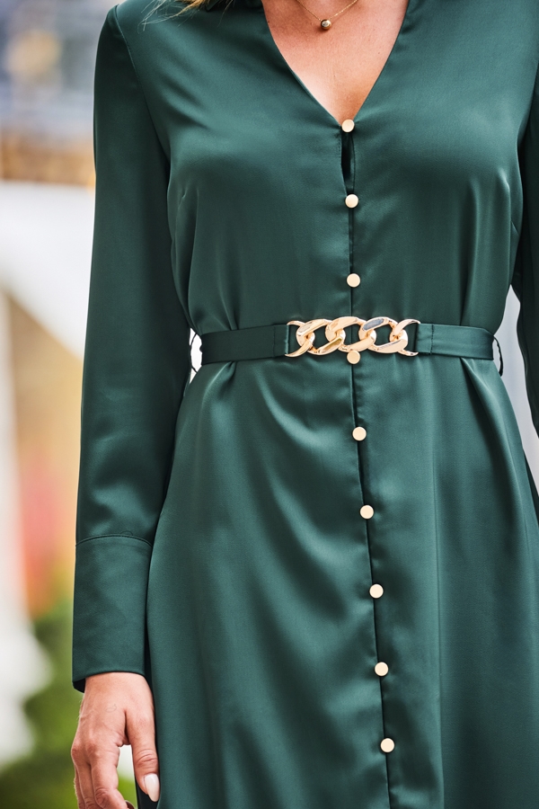Green Satin Shirt Dress With Luxe Gold Belt