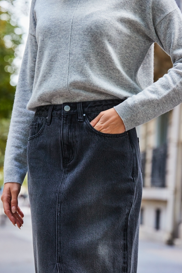 Charcoal Grey Longline Denim Midi Skirt