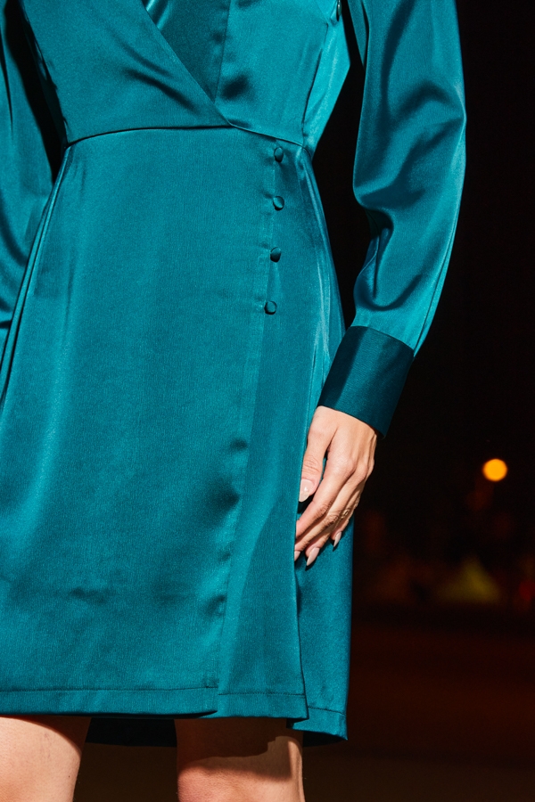 Emerald Green Satin Collared Faux Wrap Dress