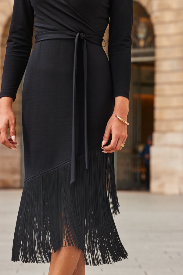 Black Tassel Detail Belted Wrap Jersey Dress