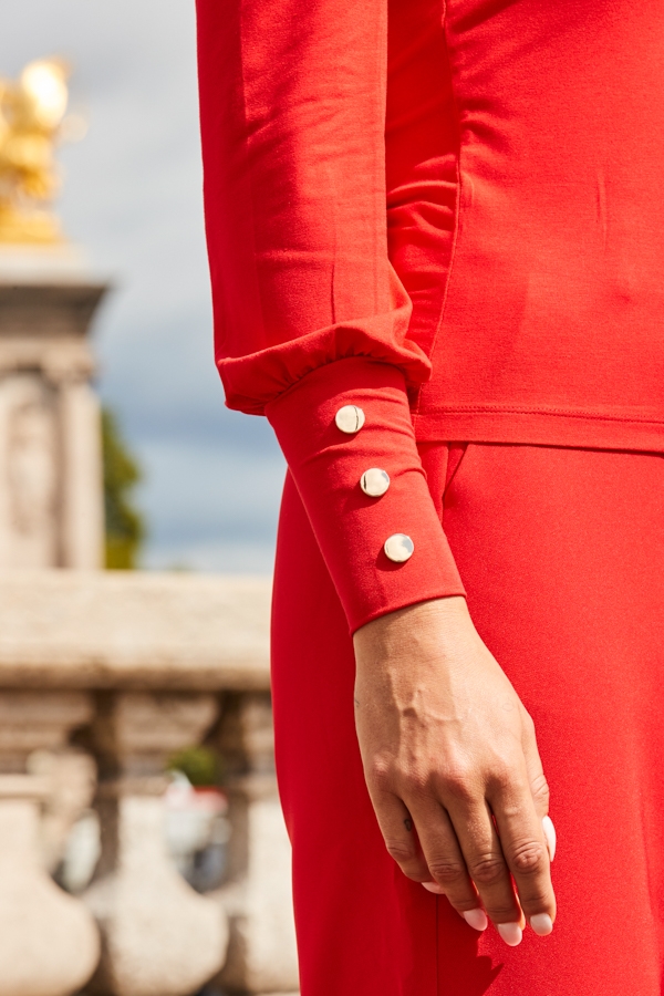 Red Square Neck Blouson Sleeve Jersey Top