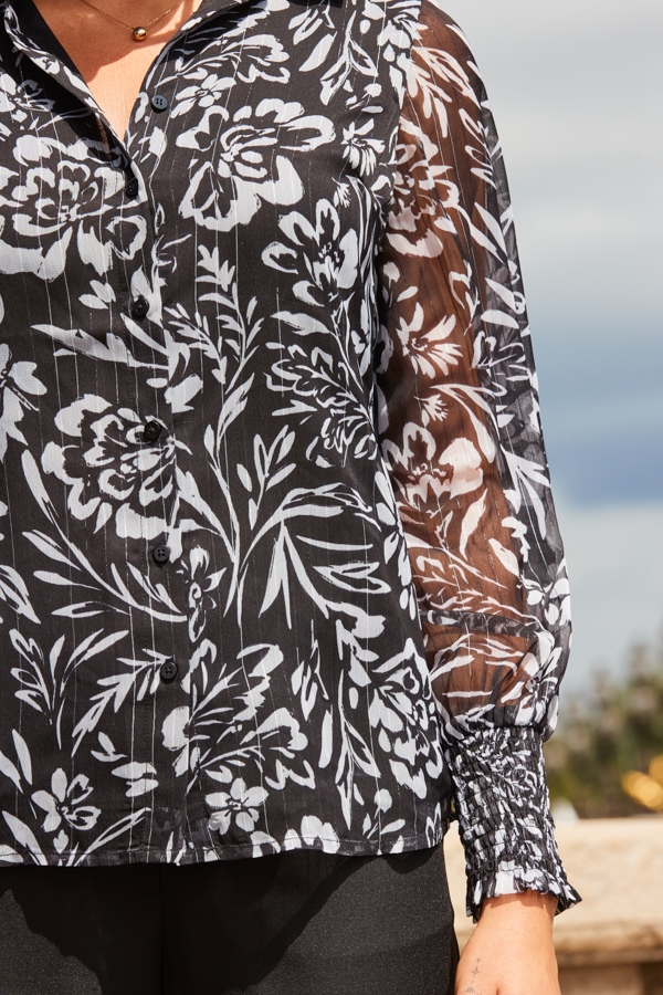 Black Floral Print Shirred Cuff Shirt With Silver Detail