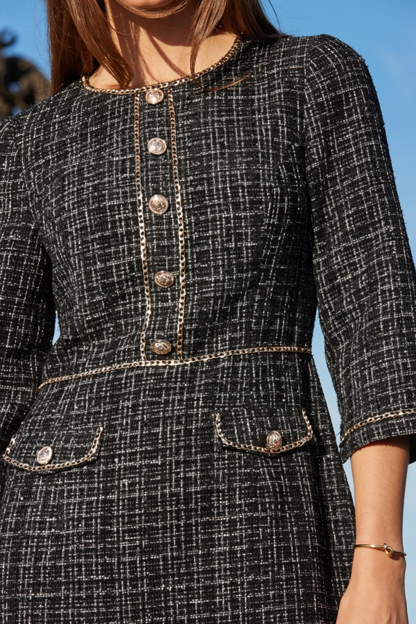 Black Luxe Sparkle Boucle Button Detail Shift Dress