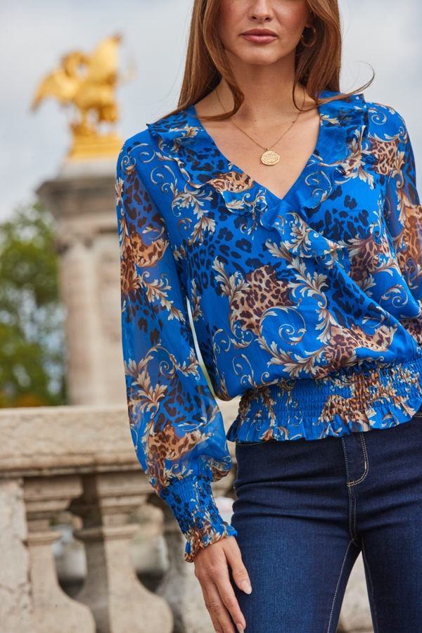 Blue Multi Print Frill Detail Shirred Hem Blouse