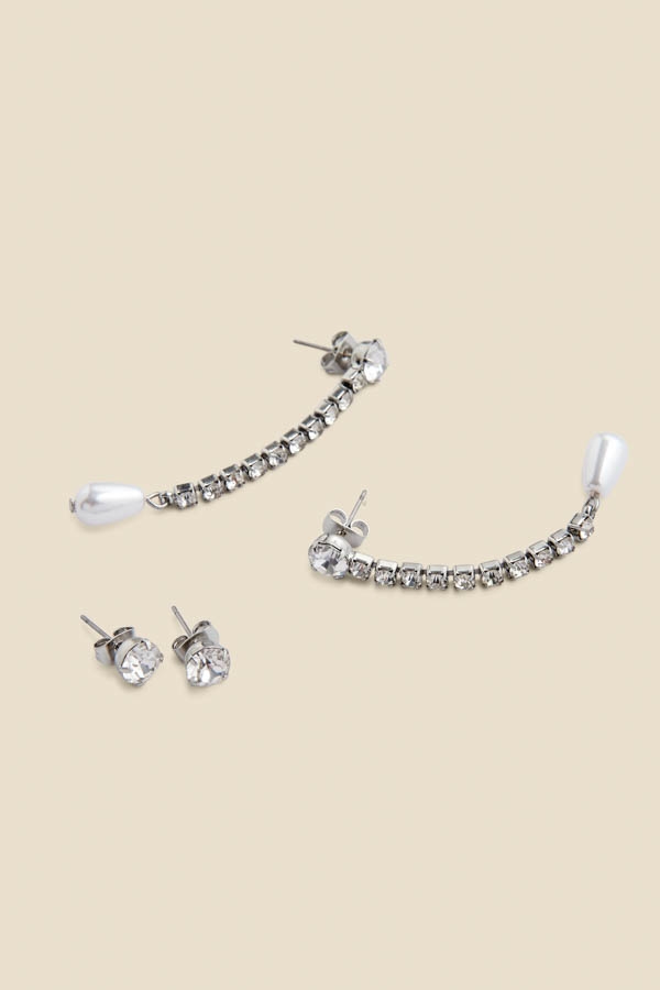 Silver Diamante Stud & Pearl Drop Earrings Set Of Two