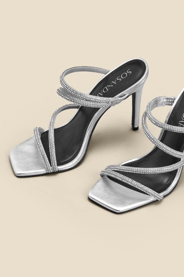Silver Leather Diamante Strap Square Toe Sandal
