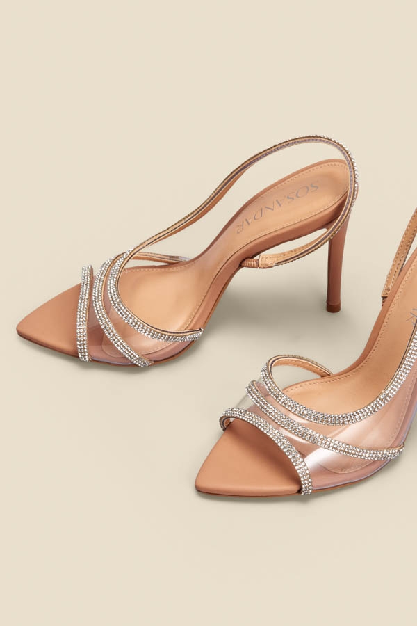 Nude Perspex Diamante Trim Pointed Toe Slingback Court Shoe
